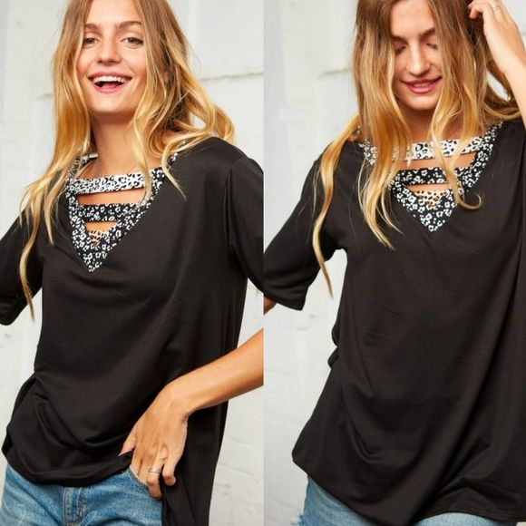 Lovely Rosetta Tops - Black Top With Animal Print Detail